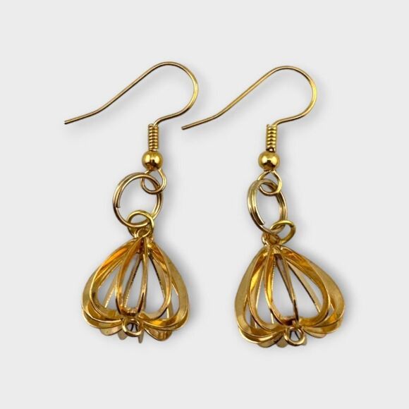 Gold Plated Basket Dangle Earrings Gold Plated Ear Wires - Picture 1 of 10